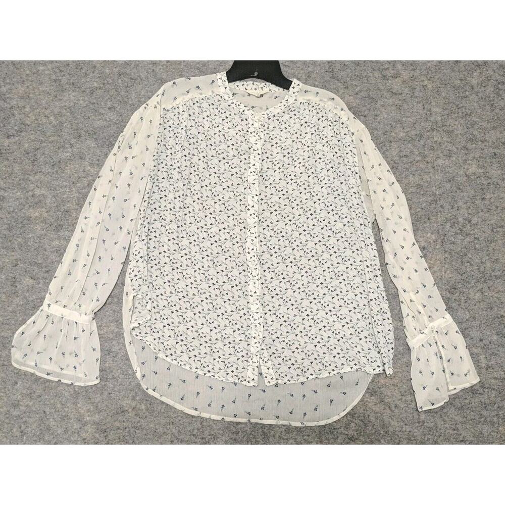Lucky Brand Blouse Sz M Floral Semi Shear Button Up Round Collar Hi Lo
